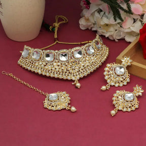 Handcrafted Ethnic Gold Plated Necklace Set with White Glass Stone-Necklace Set