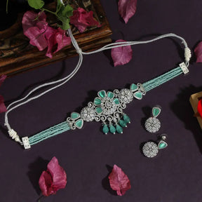 Handcrafted Ethnic Brass and Silver Plated Necklace Set with Precious Stones-Necklace Set