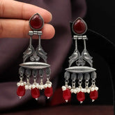 Handcrafted Maroon Drop Earrings with Brass and Precious Stones-Earrings