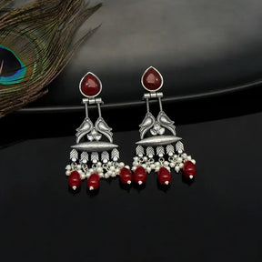 Handcrafted Maroon Drop Earrings with Brass and Precious Stones-Earrings