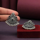 Handcrafted Ethnic Brass and Silver Plated Studs with Glass Stone-Earrings