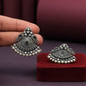Handcrafted Ethnic Brass and Silver Plated Studs with Glass Stone-Earrings