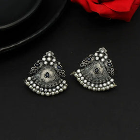 Handcrafted Ethnic Brass and Silver Plated Studs with Glass Stone-Earrings
