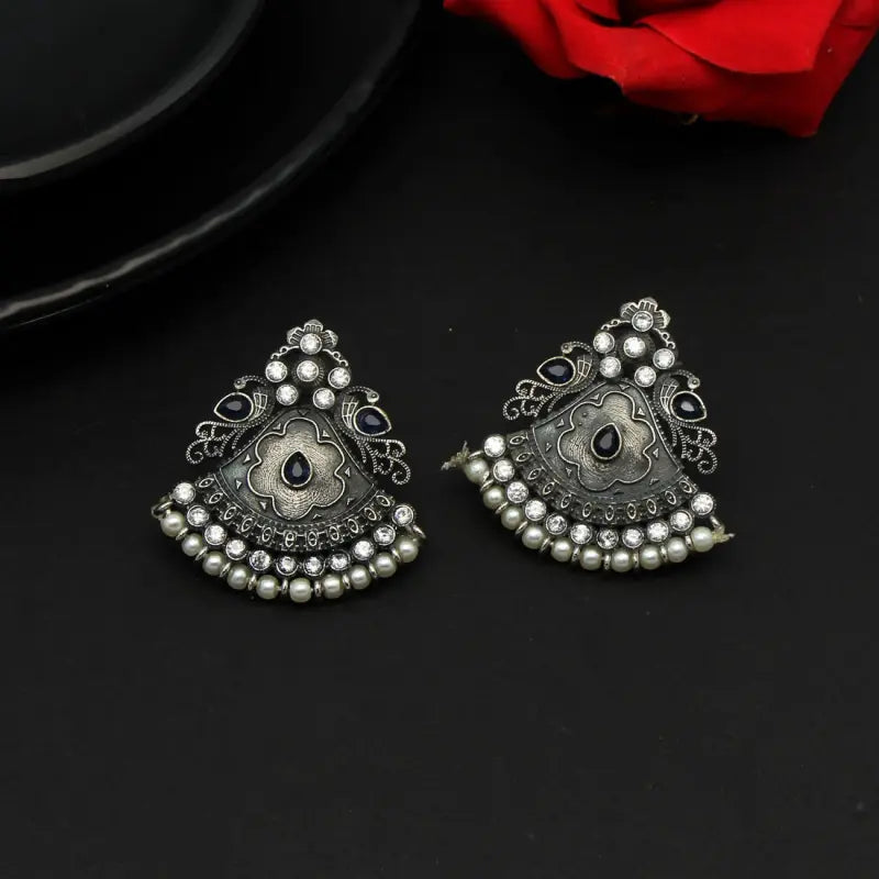 Handcrafted Ethnic Brass and Silver Plated Studs with Glass Stone-Earrings