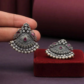 Handcrafted Ethnic Brass and Silver Plated Studs with Glass Stone-Earrings