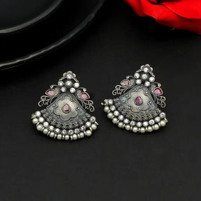 Handcrafted Ethnic Brass and Silver Plated Studs with Glass Stone-Earrings