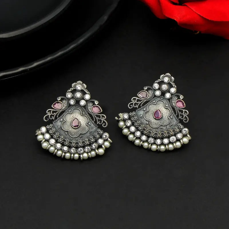 Handcrafted Ethnic Brass and Silver Plated Studs with Glass Stone-Earrings
