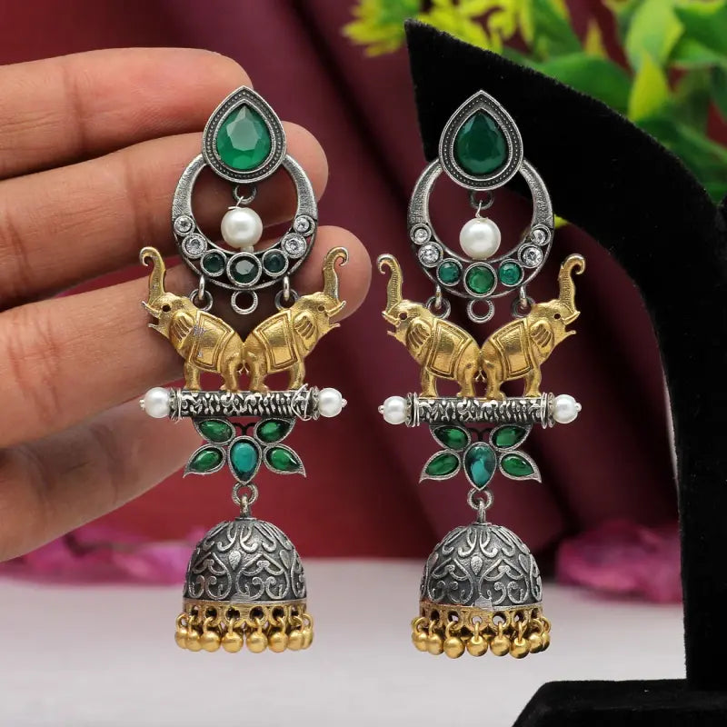 Handcrafted Ethnic Brass and Silver Plated Studs with Glass Stone-Earrings
