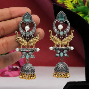 Handcrafted Ethnic Brass and Silver Plated Studs with Glass Stone-Earrings
