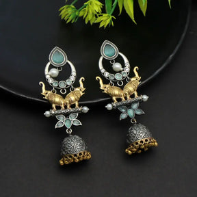 Handcrafted Ethnic Brass and Silver Plated Studs with Glass Stone-Earrings