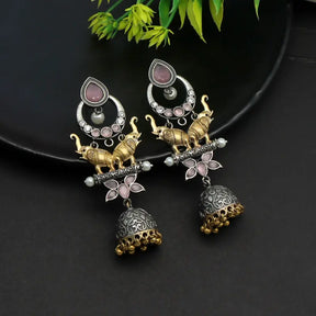 Handcrafted Ethnic Brass and Silver Plated Studs with Glass Stone-Earrings