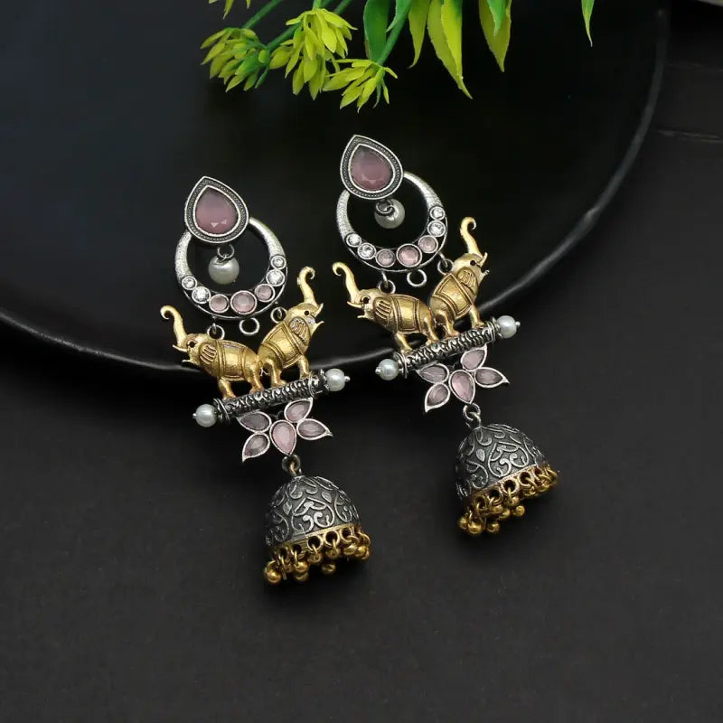Handcrafted Ethnic Brass and Silver Plated Studs with Glass Stone-Earrings