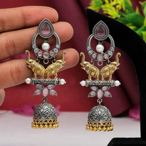 Handcrafted Ethnic Brass and Silver Plated Studs with Glass Stone-Earrings