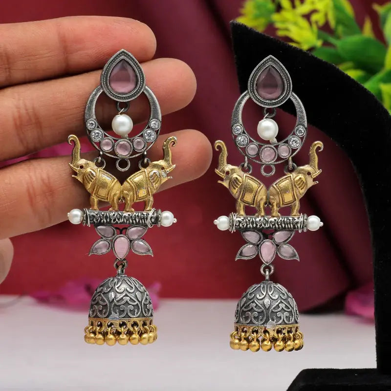 Handcrafted Ethnic Brass and Silver Plated Studs with Glass Stone-Earrings