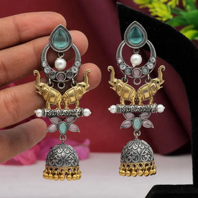 Handcrafted Ethnic Brass and Silver Plated Studs with Glass Stone-Earrings