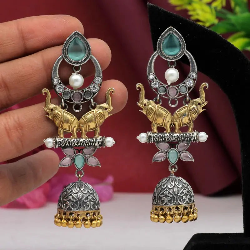 Handcrafted Ethnic Brass and Silver Plated Studs with Glass Stone-Earrings