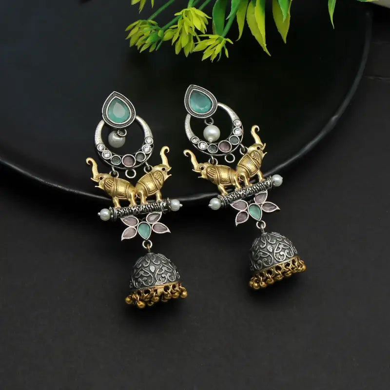 Handcrafted Ethnic Brass and Silver Plated Studs with Glass Stone-Earrings