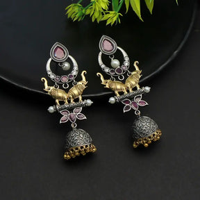 Handcrafted Ethnic Brass and Silver Plated Studs with Glass Stone-Earrings