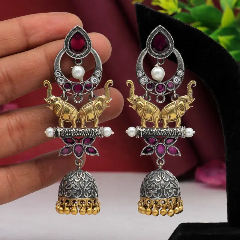 Handcrafted Ethnic Brass and Silver Plated Studs with Glass Stone-Earrings