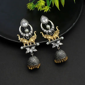 Handcrafted Ethnic Brass and Silver Plated Studs with Glass Stone-Earrings