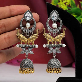 Handcrafted Ethnic Brass and Silver Plated Studs with Glass Stone-Earrings