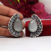 Handcrafted Ethnic Brass and Silver Plated Studs with Off-White Glass Stone-Earrings