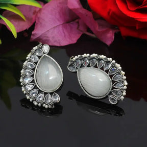 Handcrafted Ethnic Brass and Silver Plated Studs with Off-White Glass Stone-Earrings