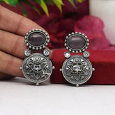 Handcrafted Ethnic Brass and Silver Plated Drop Earrings with Glass Stone-Earrings
