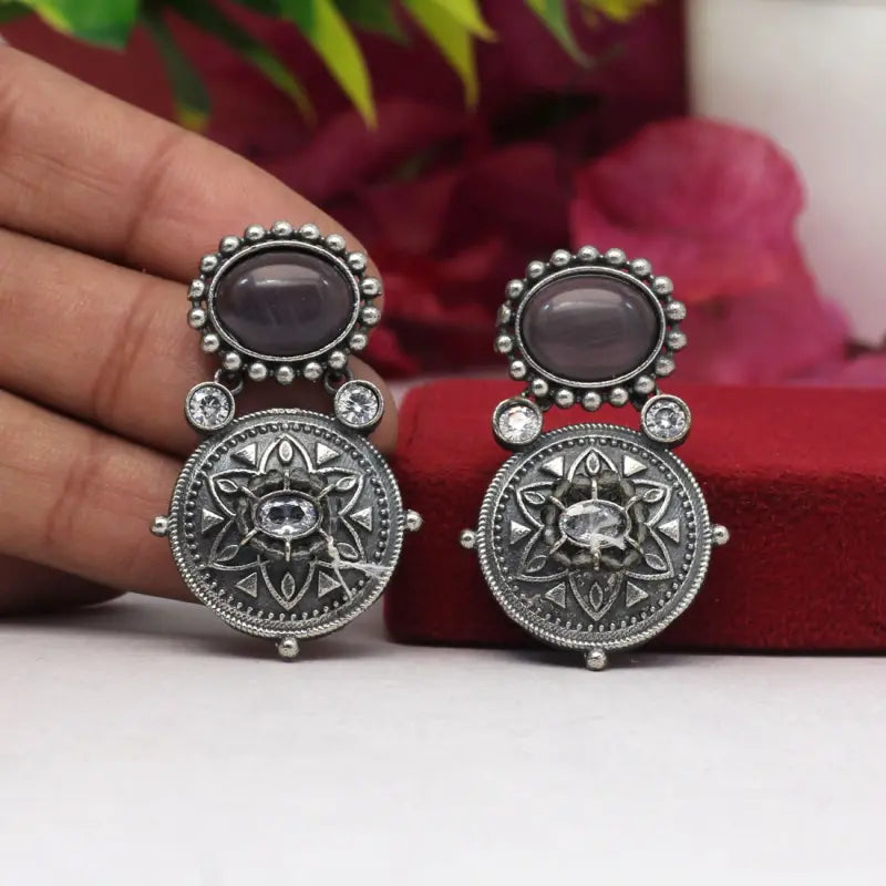 Handcrafted Ethnic Brass and Silver Plated Drop Earrings with Glass Stone-Earrings