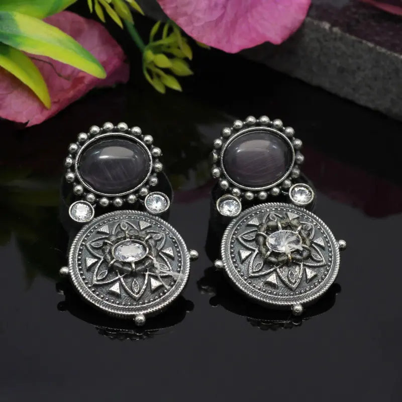 Handcrafted Ethnic Brass and Silver Plated Drop Earrings with Glass Stone-Earrings