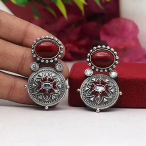Handcrafted Ethnic Brass and Silver Plated Drop Earrings with Glass Stone-Earrings