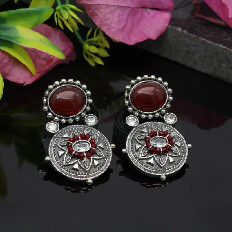 Handcrafted Ethnic Brass and Silver Plated Drop Earrings with Glass Stone-Earrings