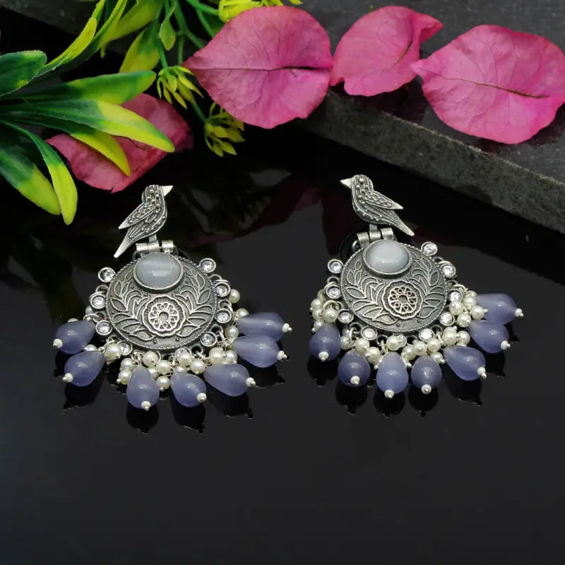 Handcrafted Ethnic Brass and Silver Plated Drop Earrings with Glass Stone-Earrings