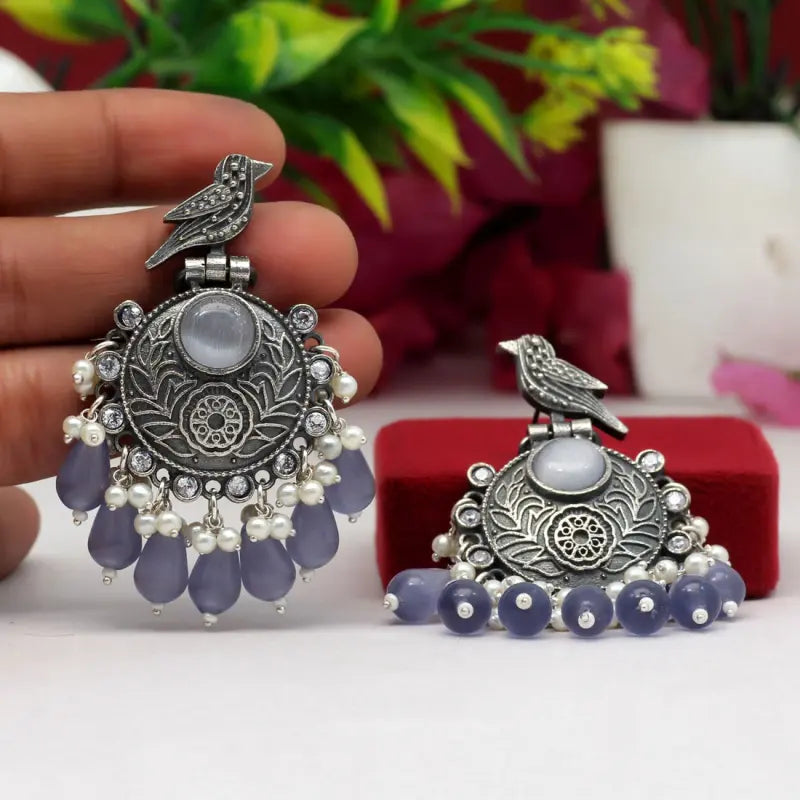 Handcrafted Ethnic Brass and Silver Plated Drop Earrings with Glass Stone-Earrings