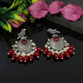 Handcrafted Ethnic Brass and Silver Plated Drop Earrings with Glass Stone-Earrings
