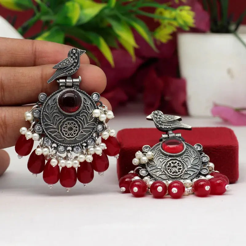 Handcrafted Ethnic Brass and Silver Plated Drop Earrings with Glass Stone-Earrings