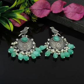 Handcrafted Ethnic Brass and Silver Plated Drop Earrings with Glass Stone-Earrings