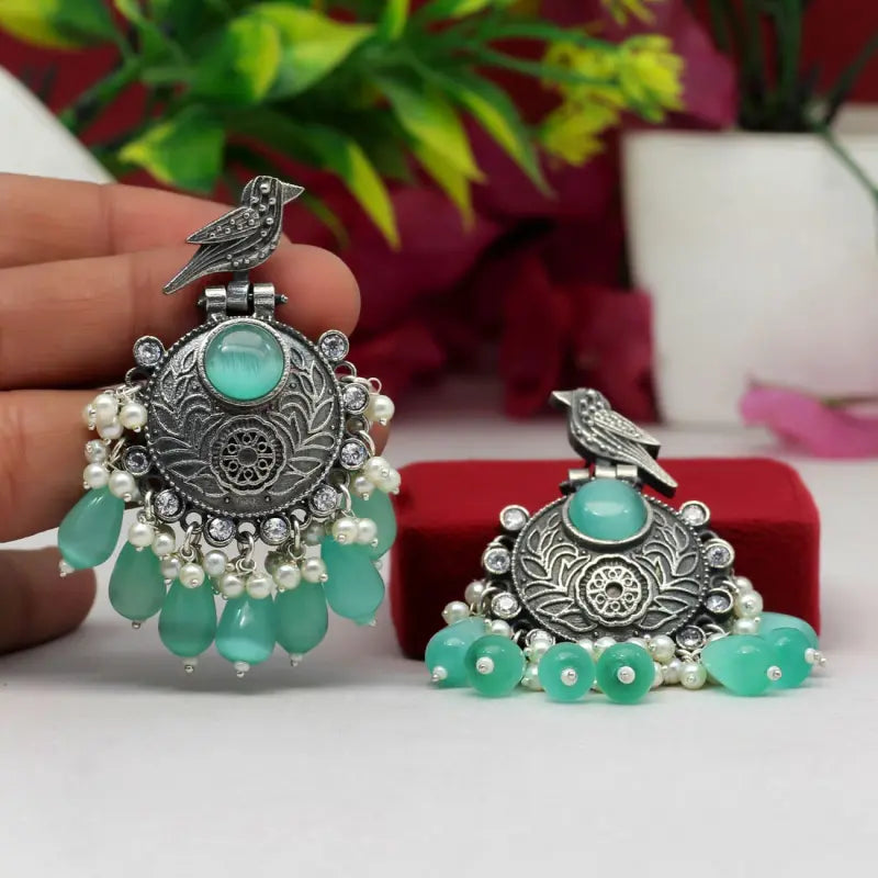 Handcrafted Ethnic Brass and Silver Plated Drop Earrings with Glass Stone-Earrings