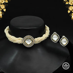 Handcrafted Ethnic White Glass Stone Necklace Set with Beads-Necklace Set