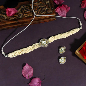 Handcrafted Ethnic White Glass Stone Necklace Set with Beads-Necklace Set