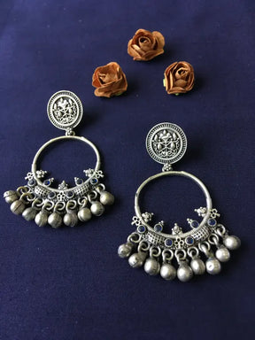 Handcrafted Oxidized Silver Tone Necklace with Brass, German Silver, Semi-Precious Stones & Beads-Hoop Earrings