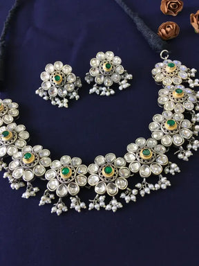 Shiny White Pachi Kundan Necklace with Beadwork and Semi-Precious Stones-Short Necklace Sets